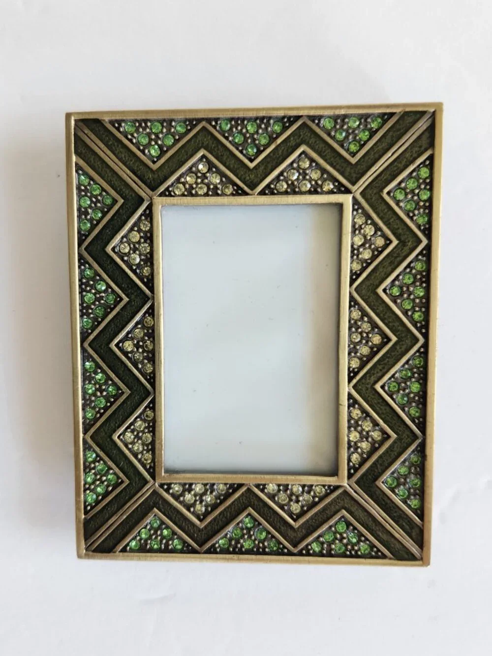 Set of 2 Mini Rhinestone Rectangle Metal Photo Frames Green Gold Chevron Design